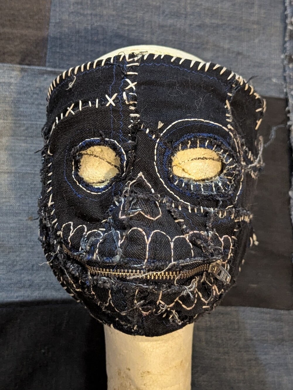 Handmade punk distressed denim patchwork embroidered Cosplay skull mask
